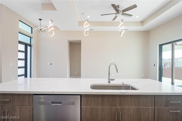 kitchen with dishwasher, ceiling fan, plenty of natural light, and sink