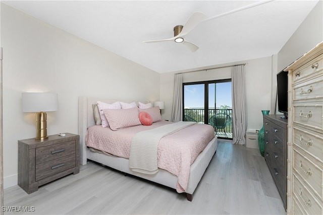 bedroom with ceiling fan, access to exterior, and light hardwood / wood-style flooring