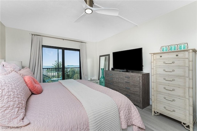 bedroom featuring access to outside, ceiling fan, and light hardwood / wood-style floors