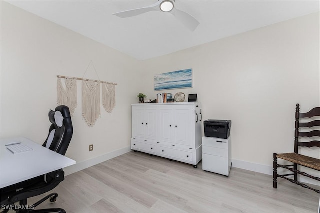 home office with light hardwood / wood-style flooring and ceiling fan