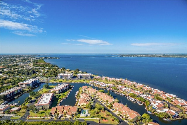 bird's eye view with a water view