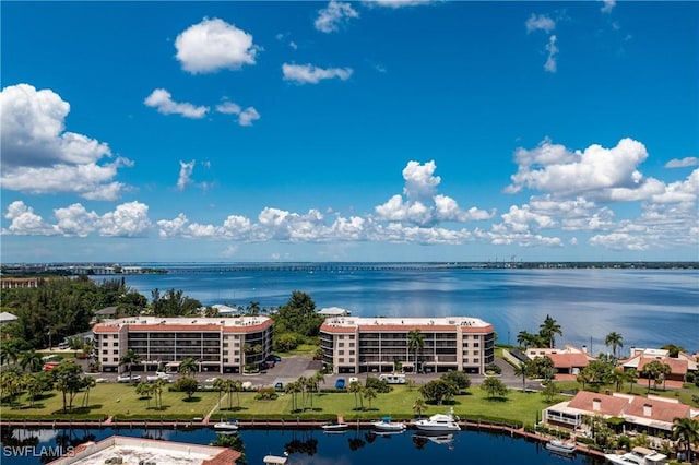 drone / aerial view featuring a water view