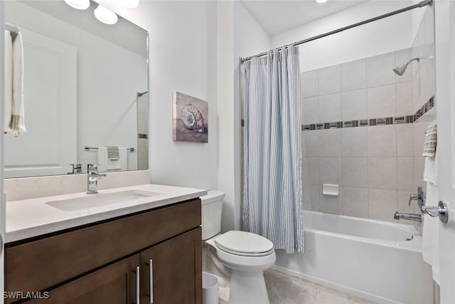 full bathroom with shower / bath combination with curtain, vanity, and toilet