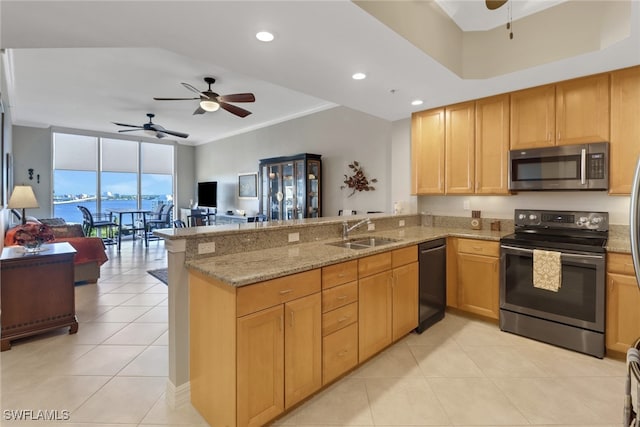 kitchen with appliances with stainless steel finishes, sink, light stone counters, and kitchen peninsula