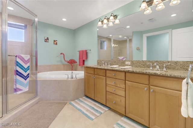 bathroom with vanity, separate shower and tub, and tile patterned floors