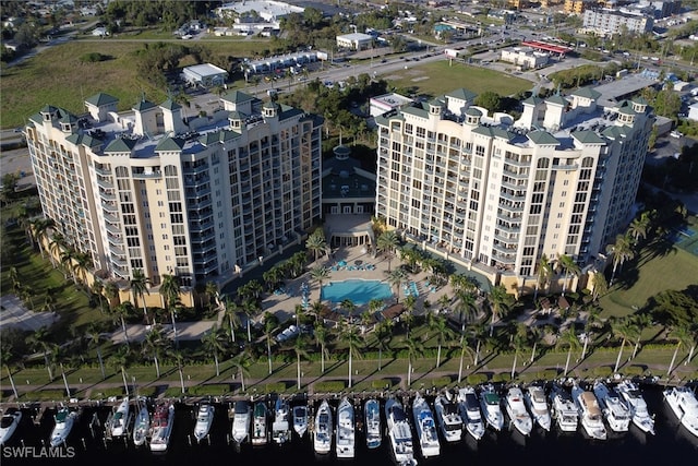 bird's eye view with a water view