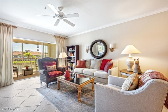 living area with light tile patterned floors, a ceiling fan, and crown molding