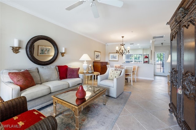 tiled living room featuring ceiling fan with notable chandelier and ornamental molding