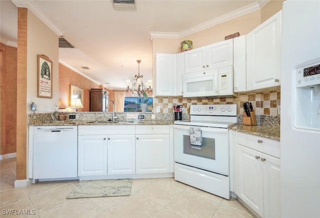 kitchen with sink, white cabinetry, crown molding, a notable chandelier, and white appliances