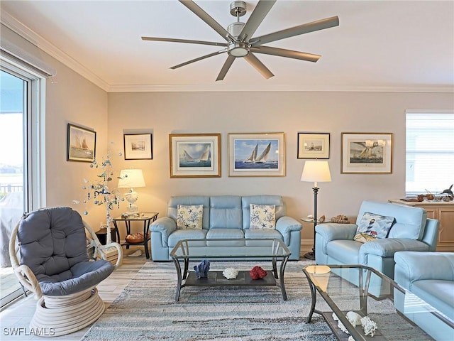 living room featuring ceiling fan, ornamental molding, and light hardwood / wood-style flooring