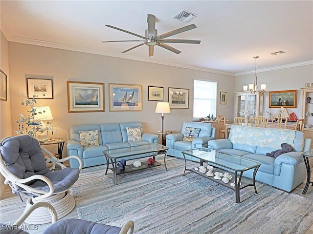 living room featuring crown molding, light hardwood / wood-style floors, and ceiling fan with notable chandelier