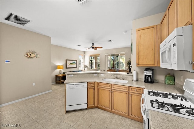 kitchen featuring light tile patterned floors, white appliances, ceiling fan, and sink