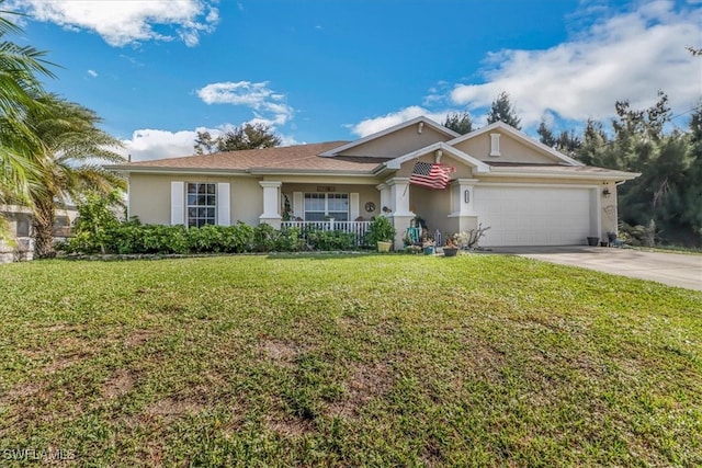 single story home with a porch, a garage, and a front lawn