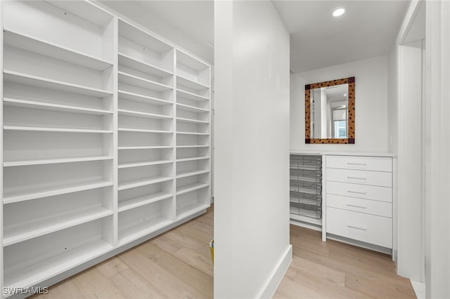 walk in closet with light hardwood / wood-style floors