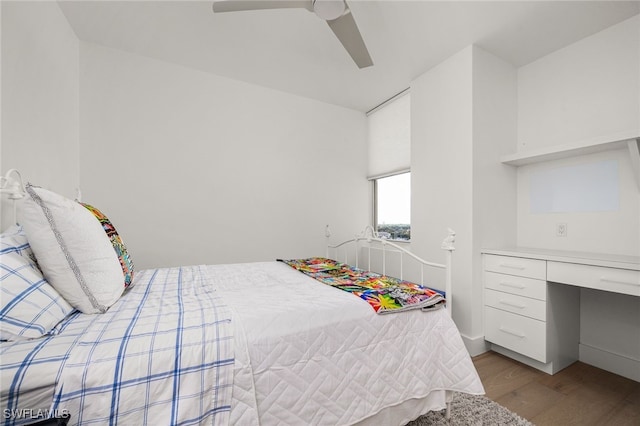 bedroom featuring light hardwood / wood-style flooring and ceiling fan