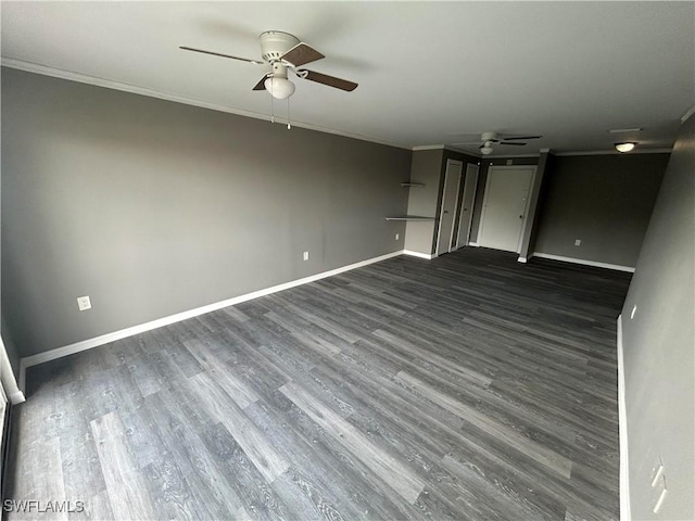 unfurnished living room featuring ceiling fan, dark hardwood / wood-style flooring, and ornamental molding