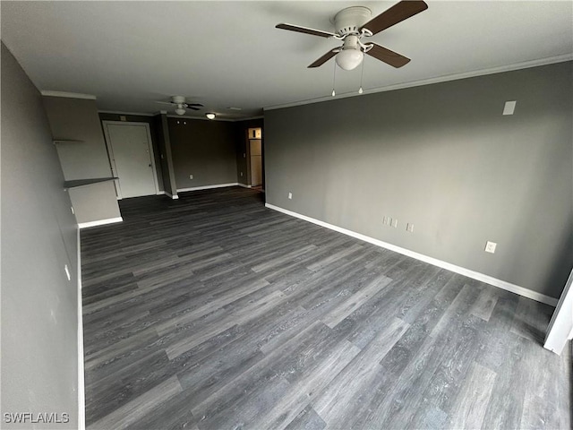 unfurnished living room with dark hardwood / wood-style flooring, ceiling fan, and ornamental molding