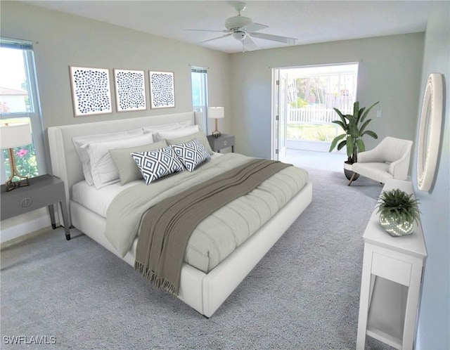 bedroom with access to outside, ceiling fan, and light colored carpet