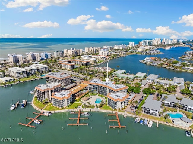 aerial view featuring a water view