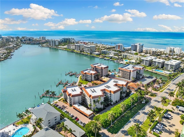 aerial view featuring a water view