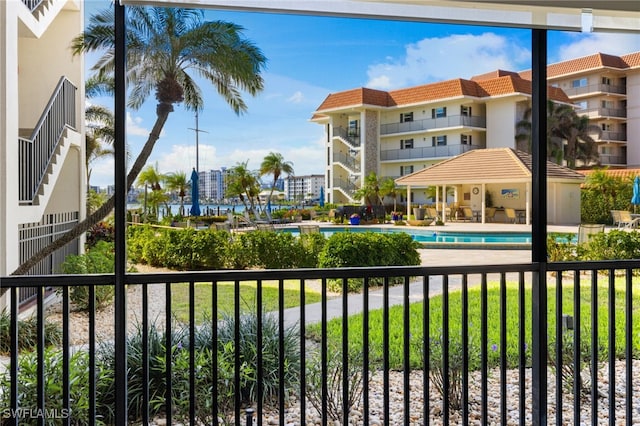 view of swimming pool with a gazebo and a patio area