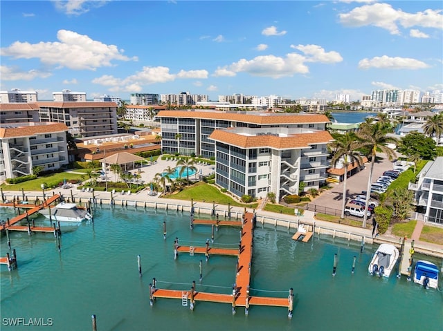 bird's eye view with a water view