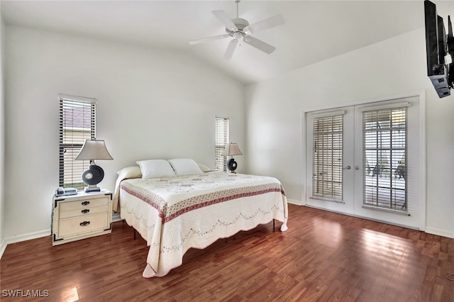 bedroom featuring vaulted ceiling, dark hardwood / wood-style floors, access to exterior, ceiling fan, and french doors