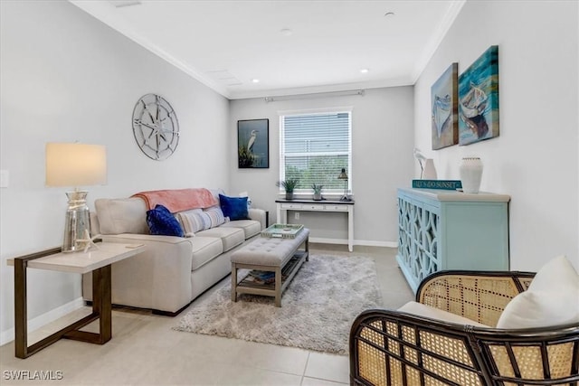 living room with light tile patterned flooring and crown molding