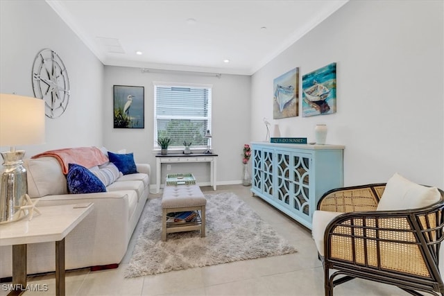 living room with crown molding and light tile patterned floors