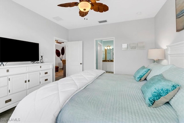 carpeted bedroom featuring ceiling fan and ensuite bath