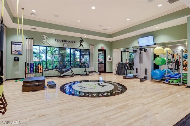 rec room with a raised ceiling, light hardwood / wood-style floors, and crown molding