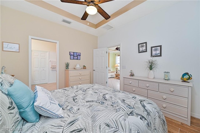 bedroom featuring ceiling fan and light wood-type flooring