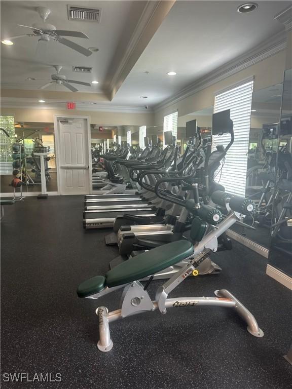 gym featuring ceiling fan and ornamental molding