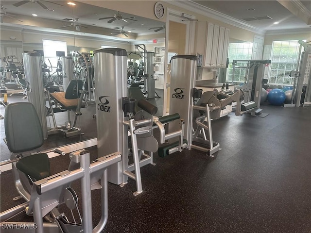 workout area featuring ceiling fan and ornamental molding