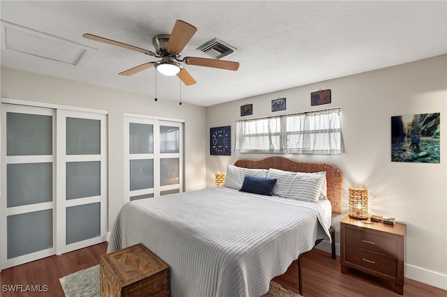 bedroom featuring ceiling fan and dark hardwood / wood-style flooring