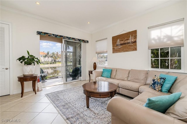 tiled living room with crown molding