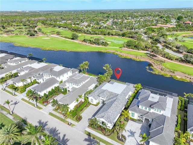 bird's eye view with a water view