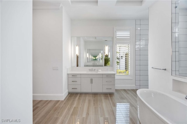 bathroom with a bathtub, wood-type flooring, and vanity