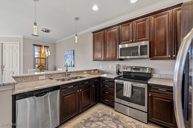 kitchen with kitchen peninsula, appliances with stainless steel finishes, crown molding, sink, and decorative light fixtures