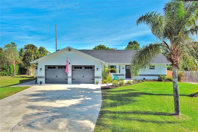 ranch-style house with a garage and a front yard