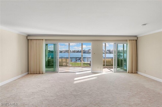 carpeted spare room featuring a healthy amount of sunlight, a water view, and ornamental molding