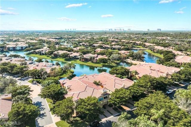 drone / aerial view featuring a water view