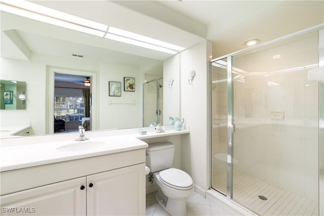 bathroom with vanity, tile patterned flooring, an enclosed shower, and toilet