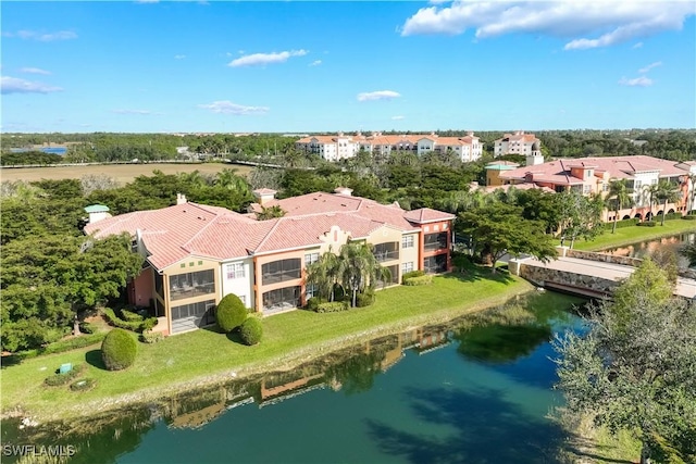 bird's eye view with a water view