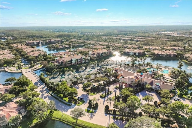 aerial view featuring a water view