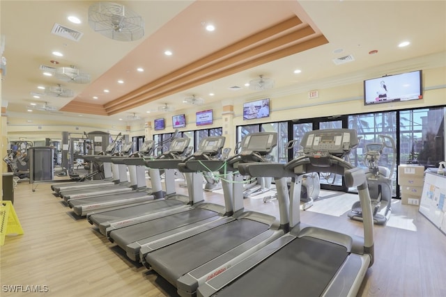 exercise room featuring light wood-type flooring, a tray ceiling, and crown molding