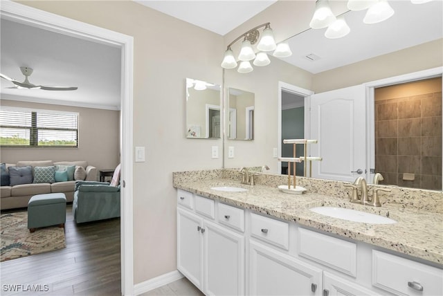 bathroom featuring ceiling fan, hardwood / wood-style flooring, and vanity