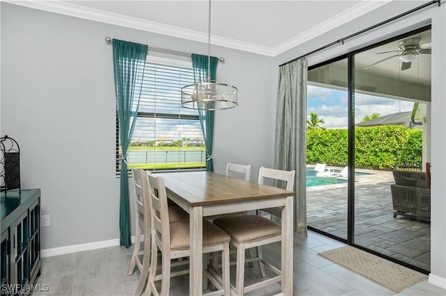 dining space with ceiling fan and crown molding