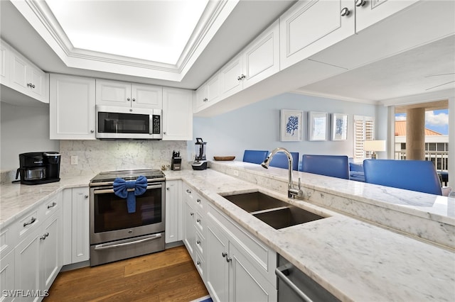 kitchen with a raised ceiling, appliances with stainless steel finishes, crown molding, white cabinetry, and a sink