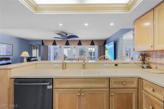 kitchen with a raised ceiling, crown molding, sink, and stainless steel dishwasher